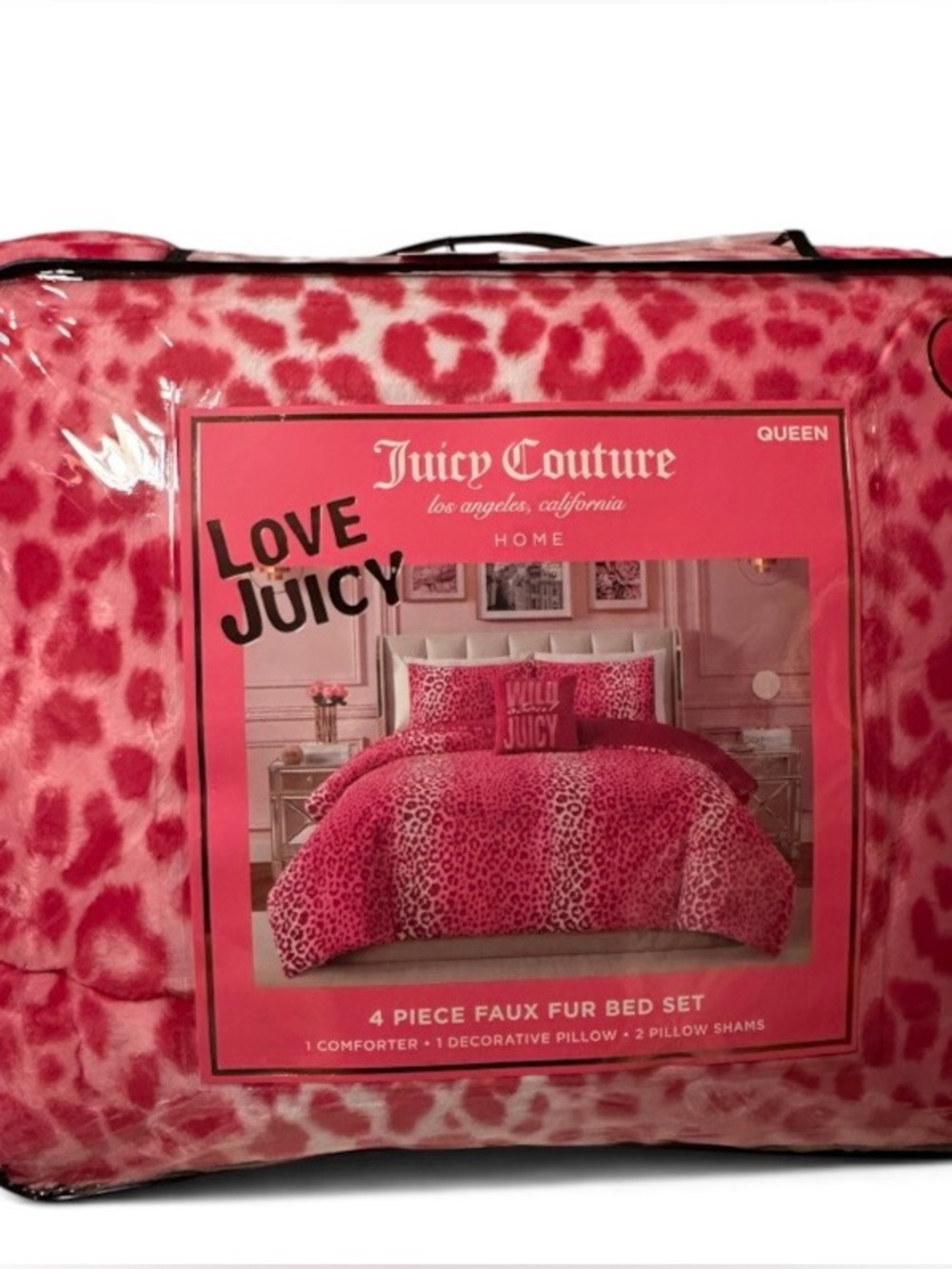 Juicy Couture Hot Pink Leopard Faux Fur Comforter Set | Queen Size